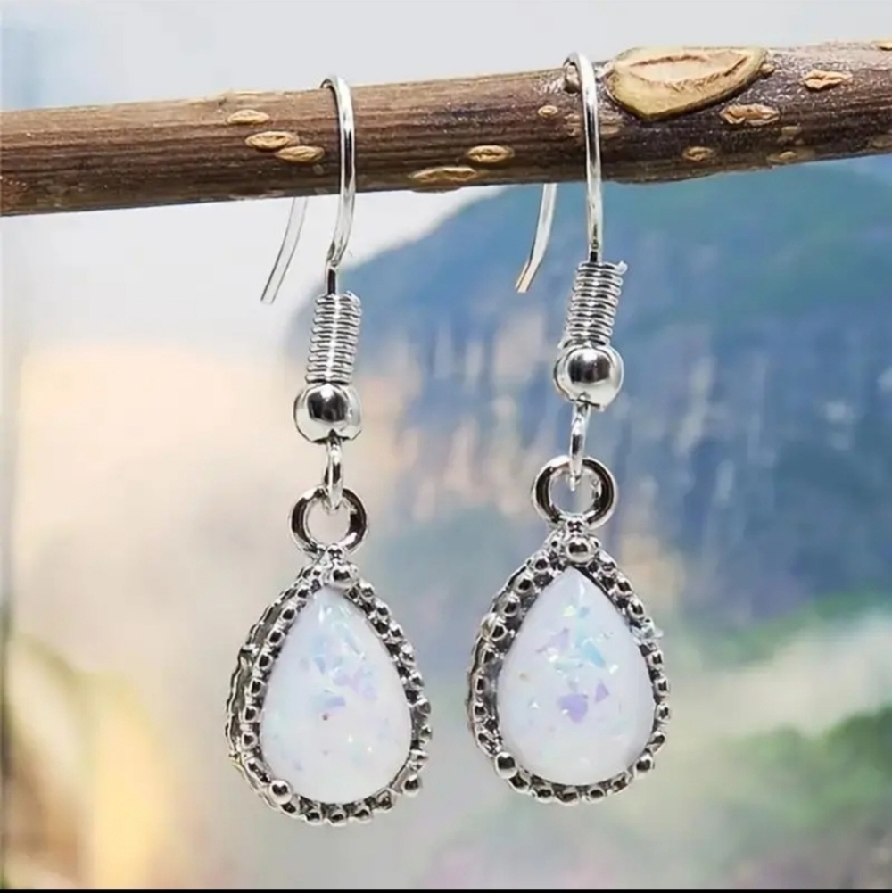 Electroplated Silver Teardrop Shaped Simulated Opal Earrings